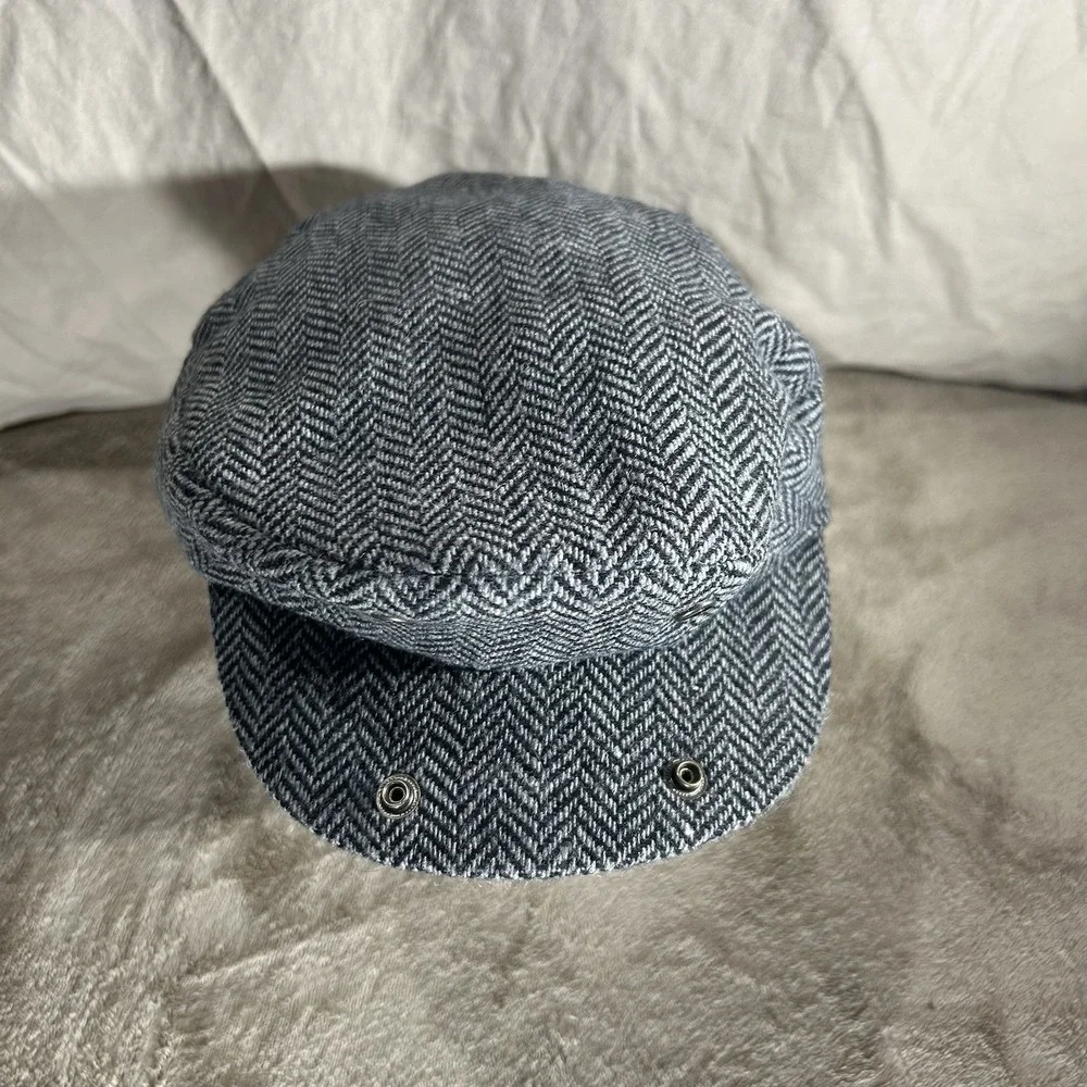 Men's Classic Grey Herringbone Flat Cap - Wool Blend Newsboy Hat - Size M